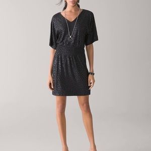 NWT WHBM Kimono Sleeve Smocked Dress, Signature Leopard Foil, Black, M.
